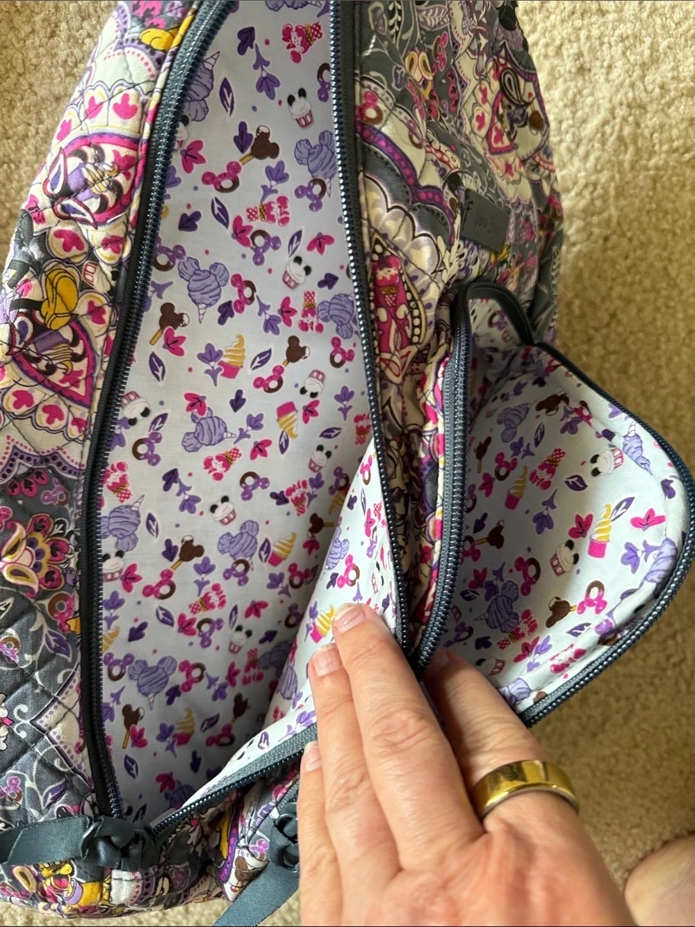 Vera Bradley Disney Pattern Gray and Purple Paisley Sling Backpack